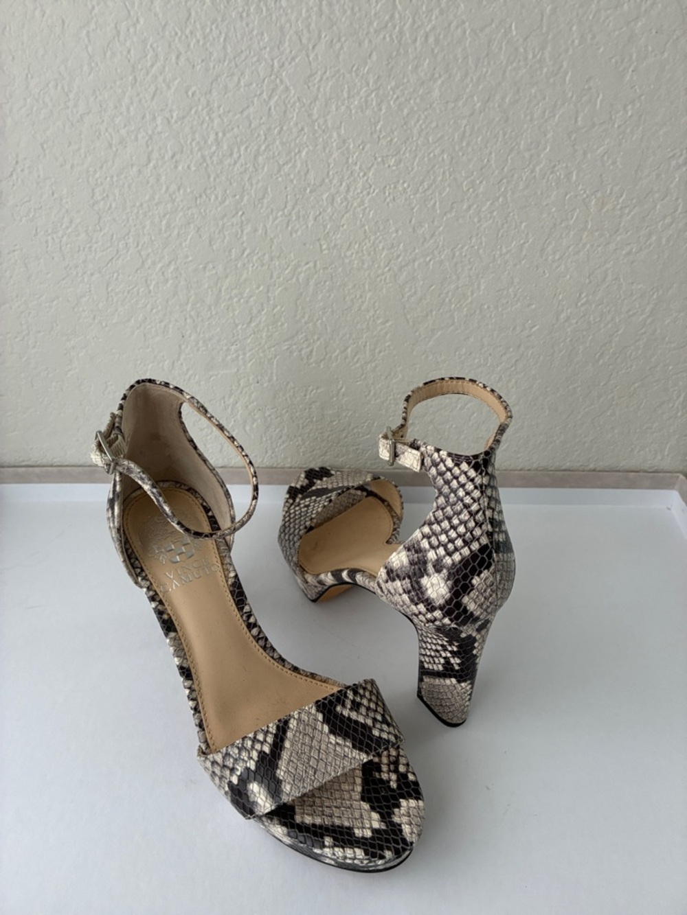 Vince Camuto a 6.5 Snake-Print Ankle Strap High Heel Sandals - Beige/Black